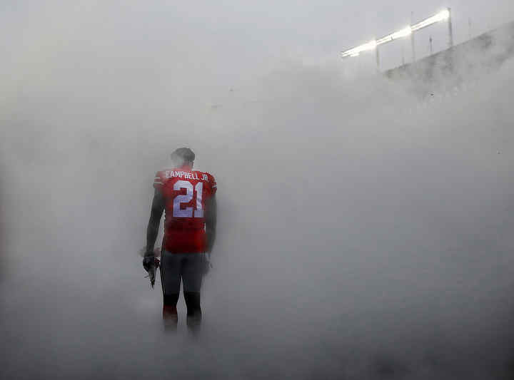 Ohio State wide receiver Parris Campbell Jr. (21) gets called onto the field for senior day against Michigan at Ohio Stadium in Columbus.  (Kyle Robertson / The Columbus Dispatch)